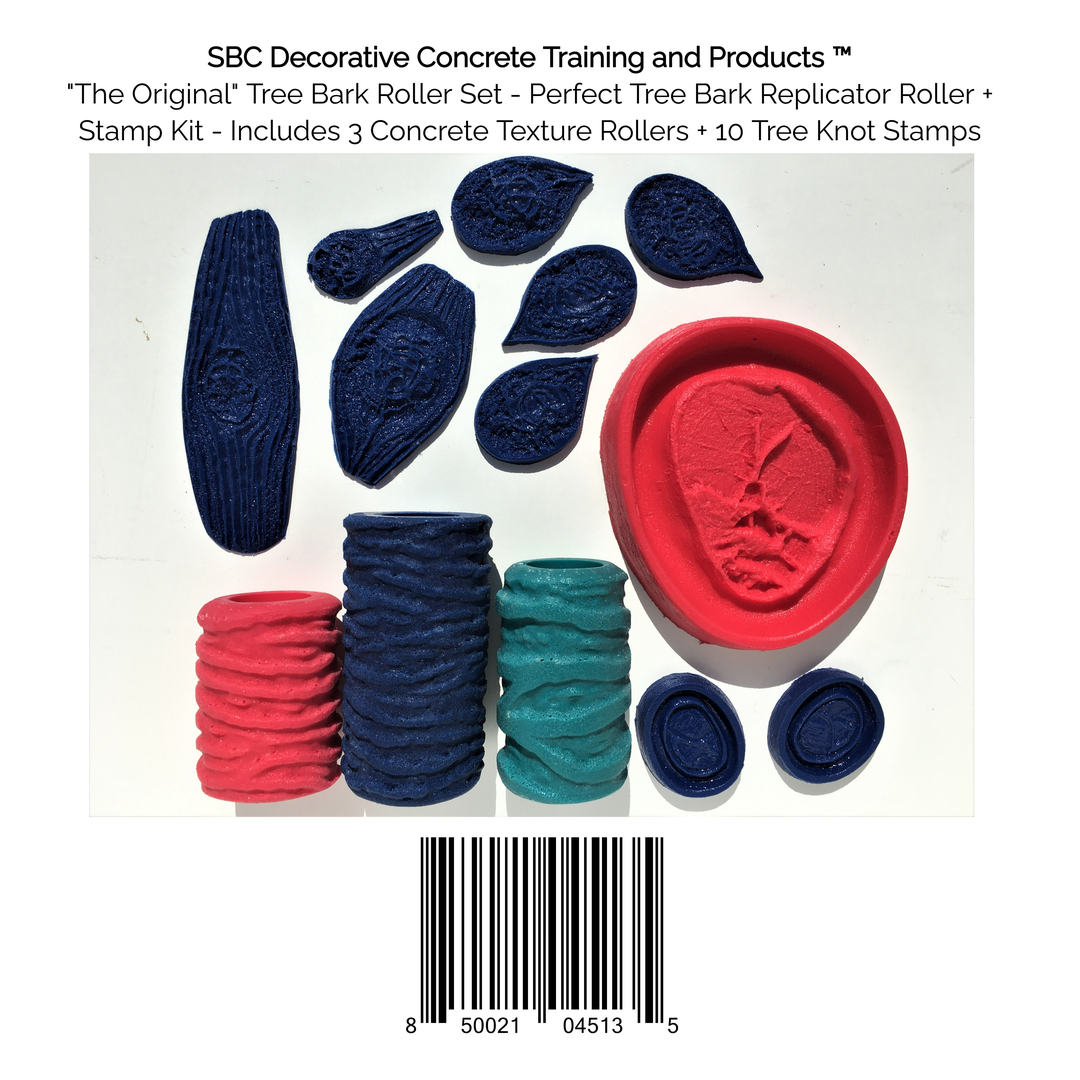 "The Original" Tree Bark Concrete Texture Roller Set, 3 Concrete Texture Rollers + 10 Tree Knot Stamps