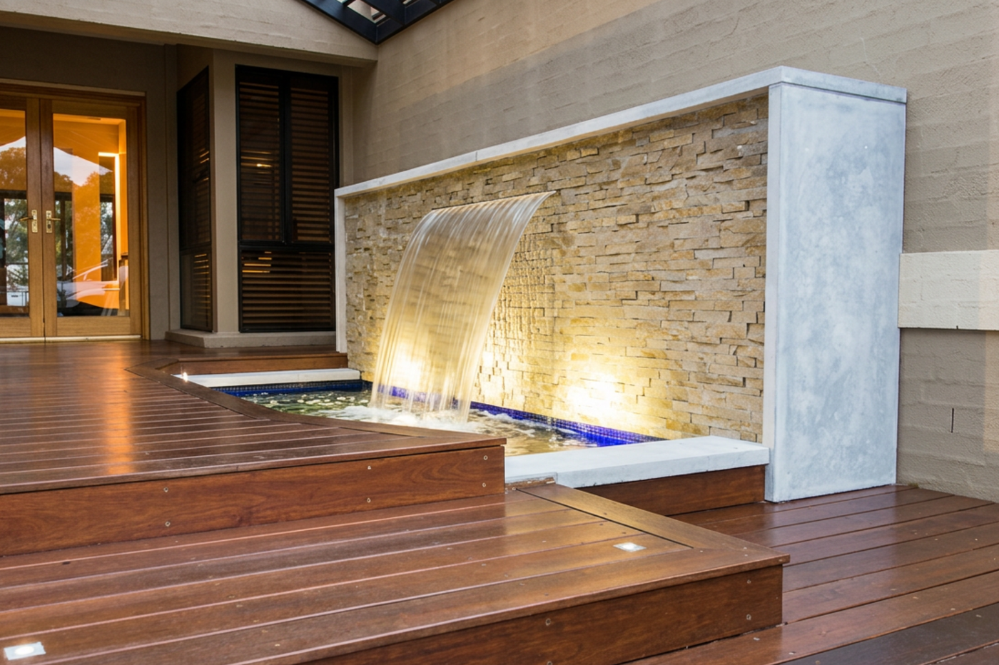 Colorful finished SBC concrete water wall built with veneer stone panels