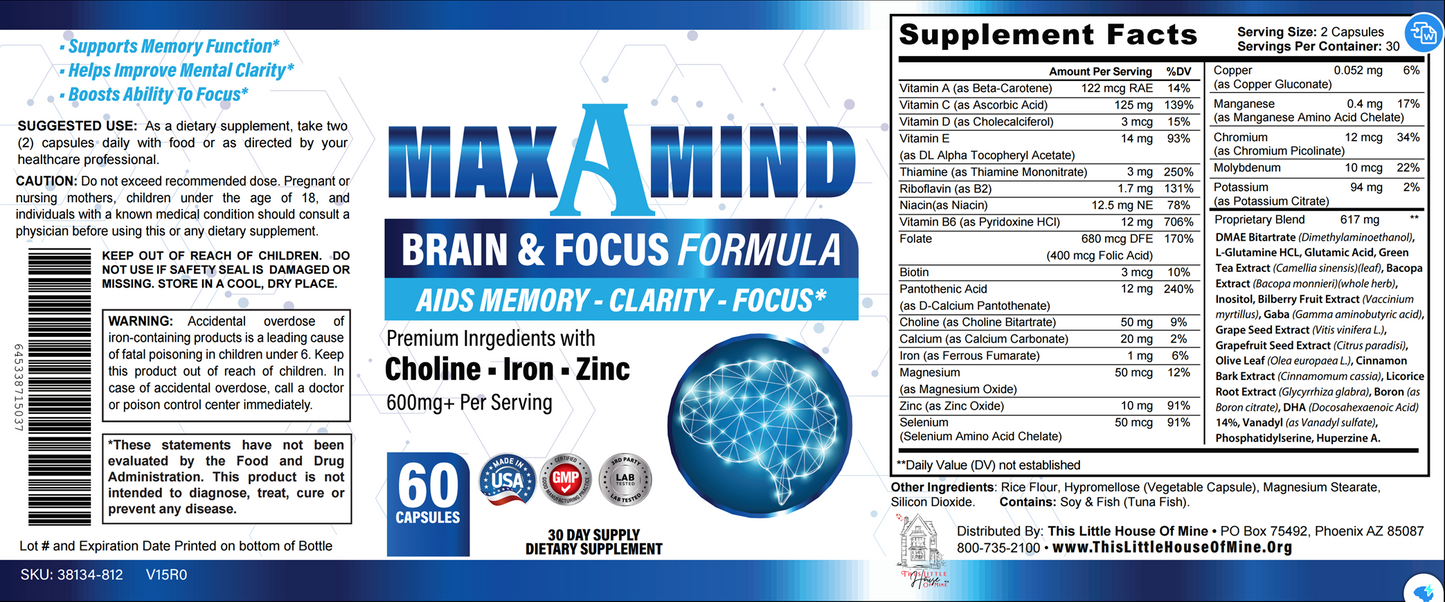 MaxAMind Brain Focus Formula - Premium Nootropic Brain Supplement, for Men & Women - Caffeine-Free Focus Formula Capsules for Concentration, Memory Support, Improve Mental Clarity and Alertness