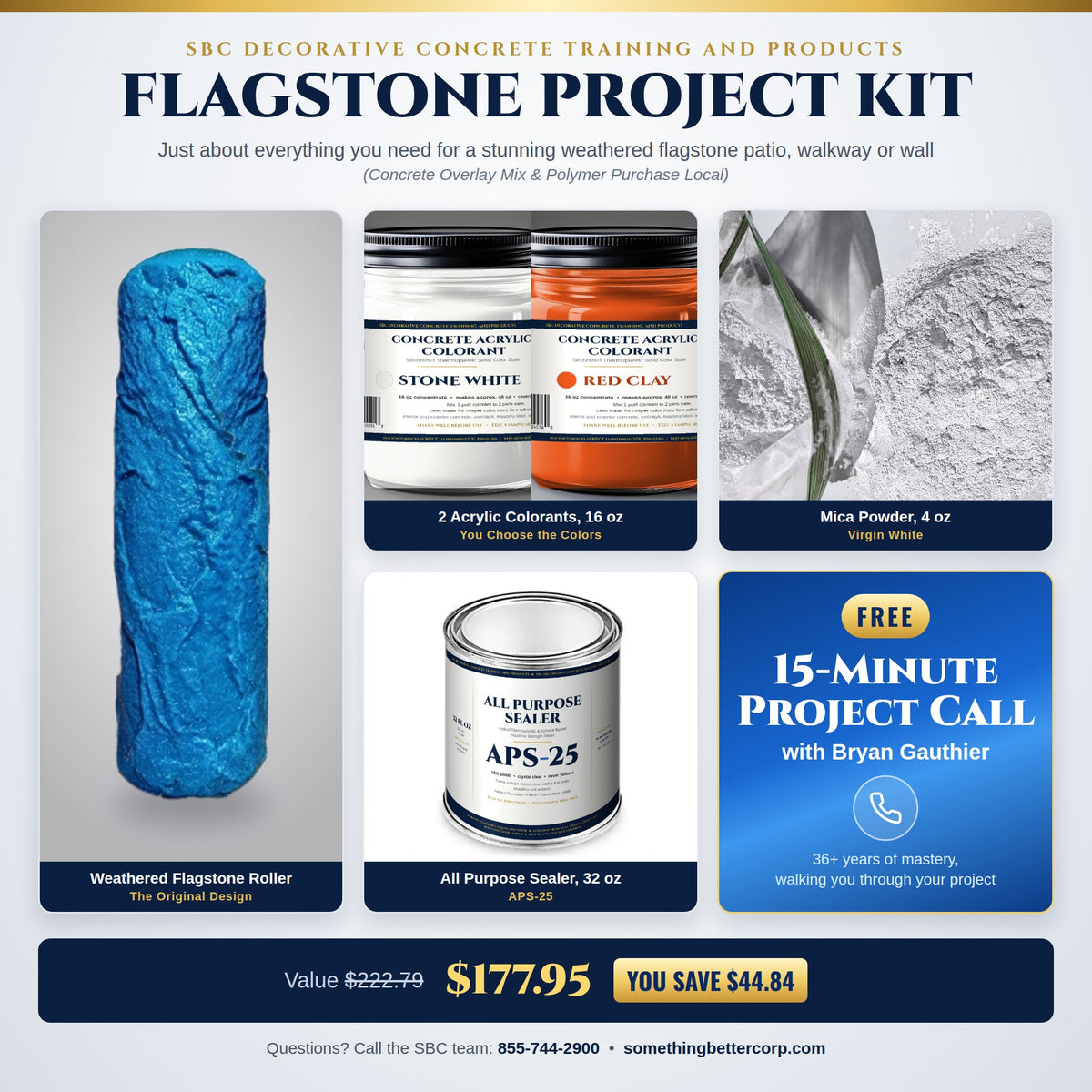 Flagstone Project Kit: Weathered Flagstone roller, 2 acrylic colorants, Virgin White mica, APS-25 sealer and a free 15-minute call with Bryan